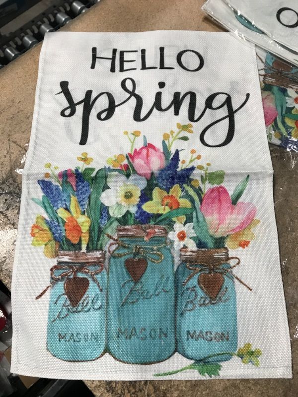 Photo 3 of **2 PACK **  Hello Spring Garden Flag: Floral Mason Jar Yard Flag 12 x 18 Inch Welcome Spring Flower House Decor for Outdoor Holiday Seasonal Party