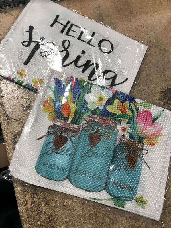 Photo 2 of **2 PACK** Hello Spring Garden Flag: Floral Mason Jar Yard Flag 12 x 18 Inch Welcome Spring Flower House Decor for Outdoor Holiday Seasonal Party