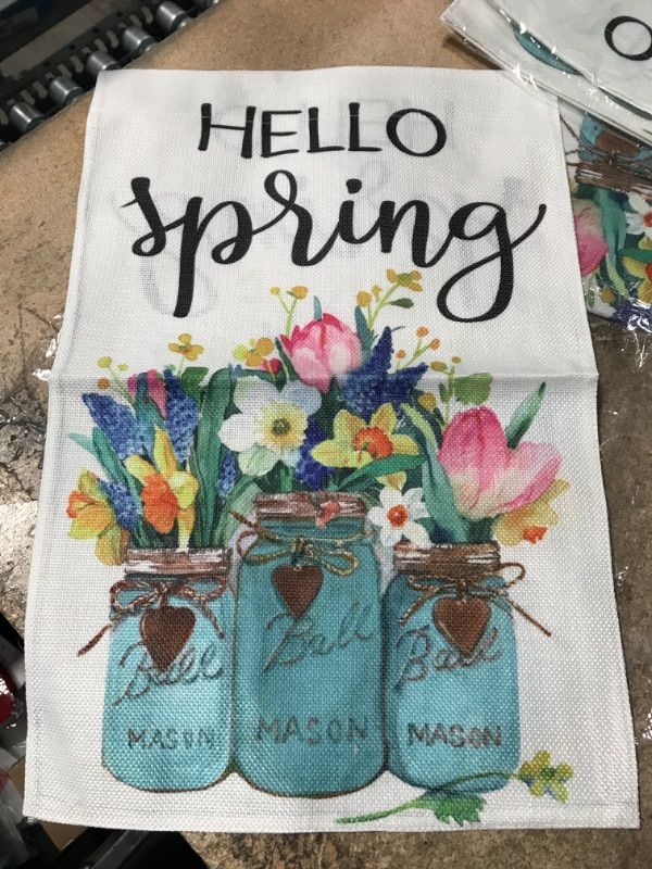 Photo 3 of **2 PACK** Hello Spring Garden Flag: Floral Mason Jar Yard Flag 12 x 18 Inch Welcome Spring Flower House Decor for Outdoor Holiday Seasonal Party