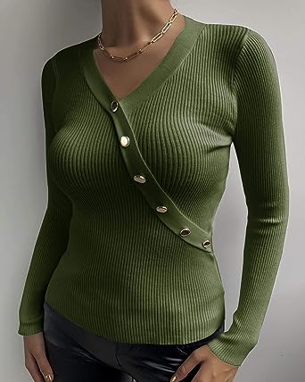 Photo 1 of Dellptop Women's Long Sleeve V Neck Fitted Sweater Ribbed Knit Button Faux Wrap Solid Pullover Tops
