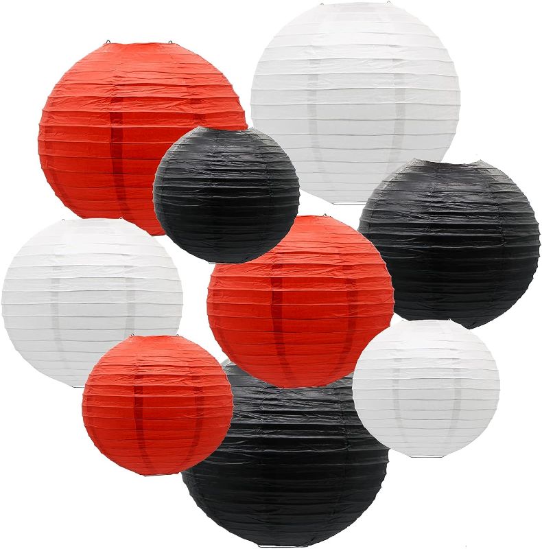 Photo 1 of **TWO PACK** Paper Lanterns Decorations, Red Black White Round Hanging Lantern for Graduation, Mickey Mouse Themed Birthday Party, Pirate Theme Casino Poker Party Supplies, Assorted Size 12",10", 8", Set of 8
