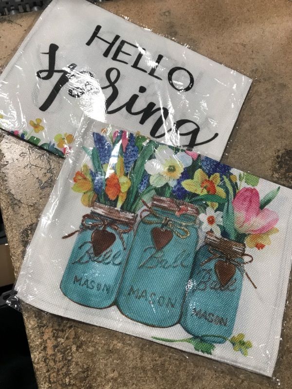Photo 1 of **TWO PACK** Hello Spring Garden Flag: Floral Mason Jar Yard Flag 12 x 18 Inch Welcome Spring Flower House Decor for Outdoor Holiday Seasonal Party