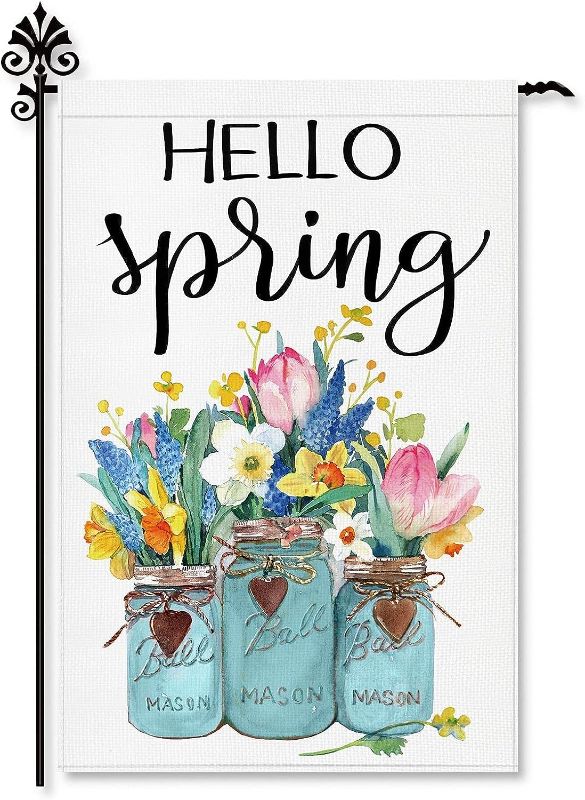 Photo 1 of **TWO PACK** Hello Spring Garden Flag: Floral Mason Jar Yard Flag 12 x 18 Inch Welcome Spring Flower House Decor for Outdoor Holiday Seasonal Party
