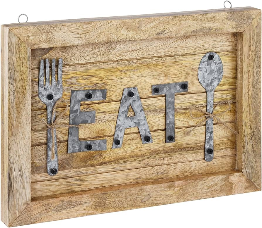 Photo 1 of 2PK - MyGift Handmade Solid Mango Wood Kitchen Wall Art Sign with EAT Galvanized Metal Letters, Spoon and Fork Design - Made in India