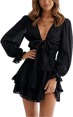 Photo 1 of SySea Women's Summer Mini Dress Tie Front V Neck Long Sleeve Ruffle Swing A-Line Dress for Wedding Guest L/XL
