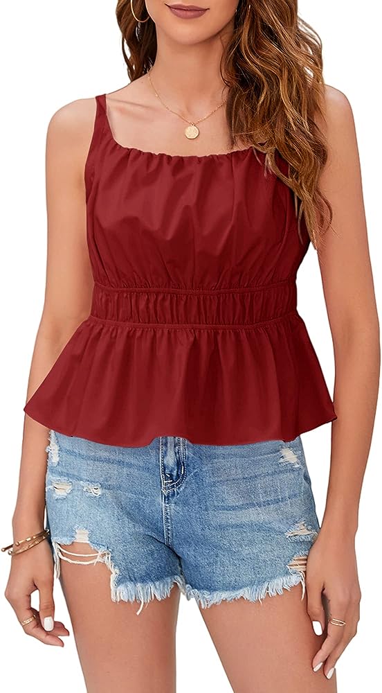 Photo 1 of LARGE Summer Peplum Tank Tops for Women Cute Square Neck Sleeveless Pleated Shirt Cropped Spaghetti Strap Camisole Tops