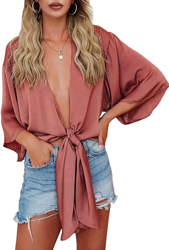 Photo 1 of * women's Large *
Women's Deep V Neck Half Sleeve Tie Front Satin Crop Top Blouse Shirts
