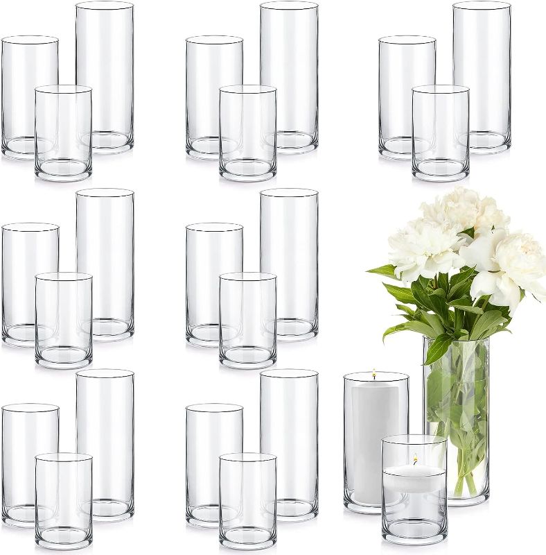 Photo 1 of 24 Pcs Glass Cylinder Vases Tall Clear Cylinder Flower Plant Vases Bulk Hurricane Floating Candle Holders Vases Set for Wedding Table Centerpieces, Home Party Decors, 2.8, 3.9, 4.7, 5.9, 7.1, 7.9 Inch