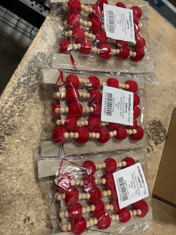 Photo 2 of 3 PK- Creative Co-Op 72" L Wool Felt Ball & Wood Bead, Red Textile Garlands