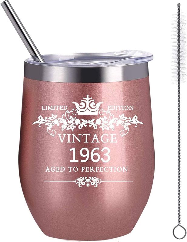 Photo 1 of 1963 60th Happy Birthday Gifts for Men Women 12 Ounces Stainless Steel Double Wall Vacuum Insulted Wine Tumbler Coffee Mug 60 Years Birthday Anniversary Present (Rose Gold)
