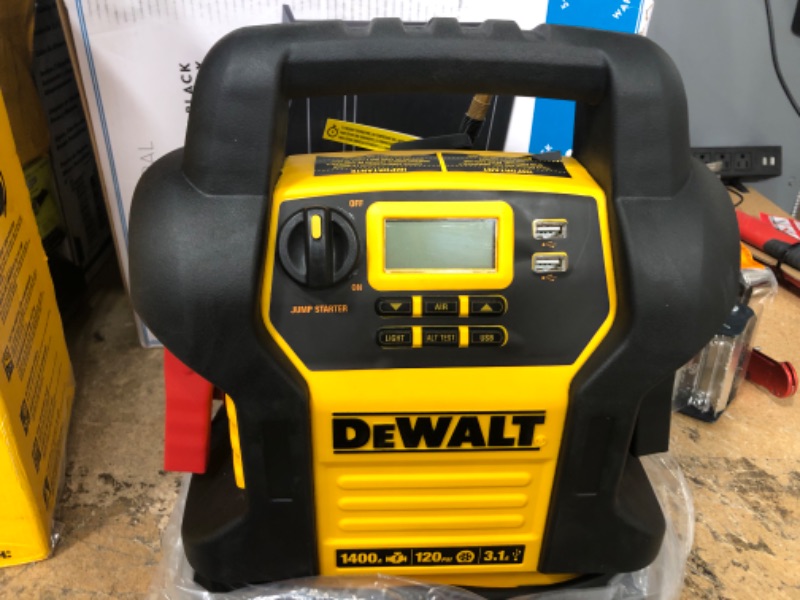 Photo 2 of DEWALT DXAEJ14 Digital Portable Power Station Jump Starter: 1400 Peak/700 Instant Amps, 120 PSI Digital Air Compressor, 3.1A USB Ports, Battery Clamps , Yellow