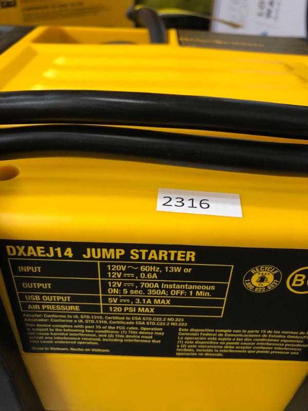 Photo 3 of DEWALT DXAEJ14 Digital Portable Power Station Jump Starter: 1400 Peak/700 Instant Amps, 120 PSI Digital Air Compressor, 3.1A USB Ports, Battery Clamps , Yellow