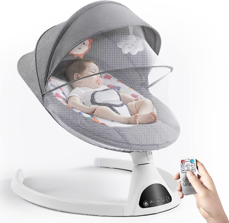 Photo 1 of Baby Swing for Infants, Electric Portable Baby Swing for Newborn, Bluetooth Touch Screen/Remote Control Timing Function 5 Swing Speeds Baby Rocker Chair with Music Speaker 5 Point Harness Gray