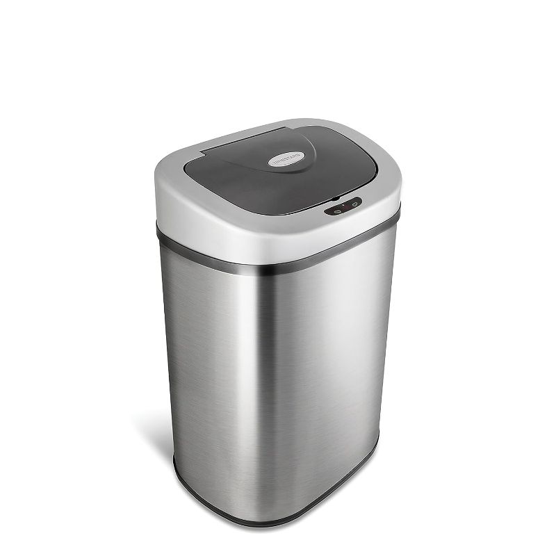 Photo 1 of **MISSING LINER**
NINESTARS Automatic Touchless Infrared Motion Sensor Trash Can with Stainless Steel Base & Oval, Silver/Black Lid, 21 Gal
