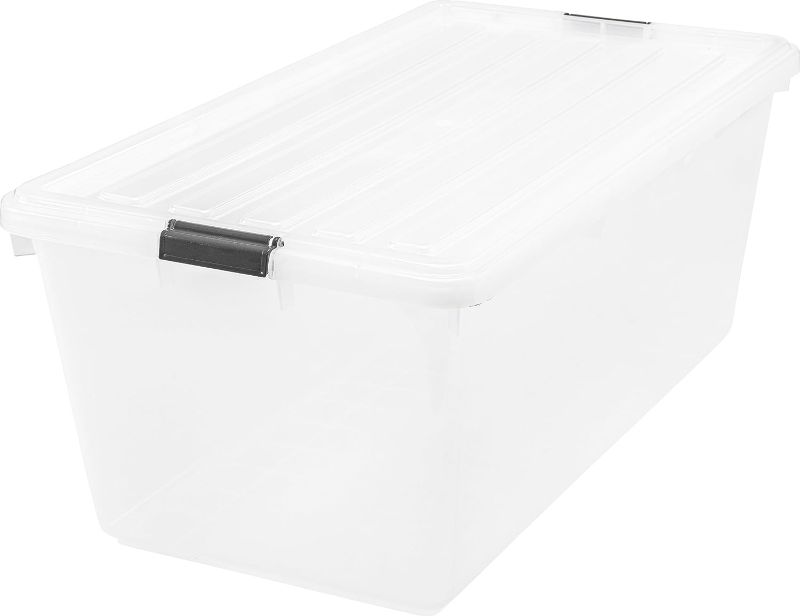 Photo 1 of IRIS USA 91 Qt. Large Storage Bin with Buckle Down Lid, 1-Pack, Sturdy Versatile Organizer Utility Tote Container Box for Seasonal Clothes Blankets Decoration Sports and Camping Goods, Clear
