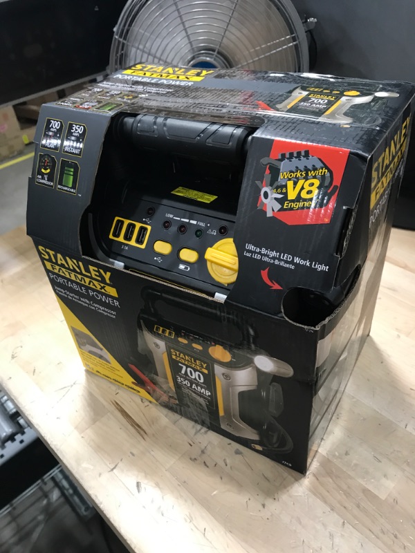 Photo 2 of STANLEY FATMAX J7CS Portable Power Station Jump Starter: 700 Peak/350 Instant Amps, 120 PSI Air Compressor, 3.1A USB Ports, Battery Clamps