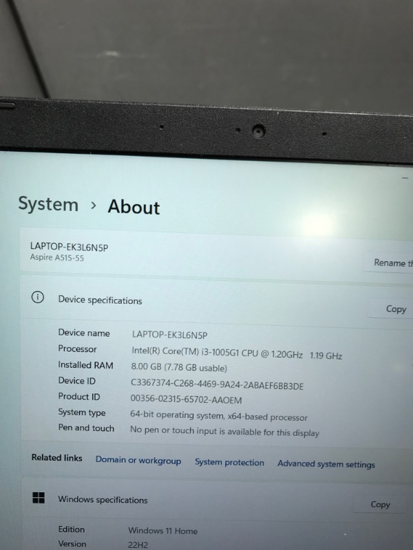 Photo 1 of Acer Aspire 5 A515-55-56VK, 15.6" Full HD IPS Display, 10th Gen Intel Core i5-1035G1, 8GB DDR4, 256GB NVMe SSD, Intel Wireless WiFi 6 AX201, Fingerprint Reader, Backlit Keyboard, Windows 10 Home
