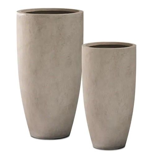 Photo 1 of 31.4" and 23.6"H Weathered Finish Concrete Tall Planters (Set of 2), Large Outdoor Indoor w/Drainage Hole & Rubber Plug
