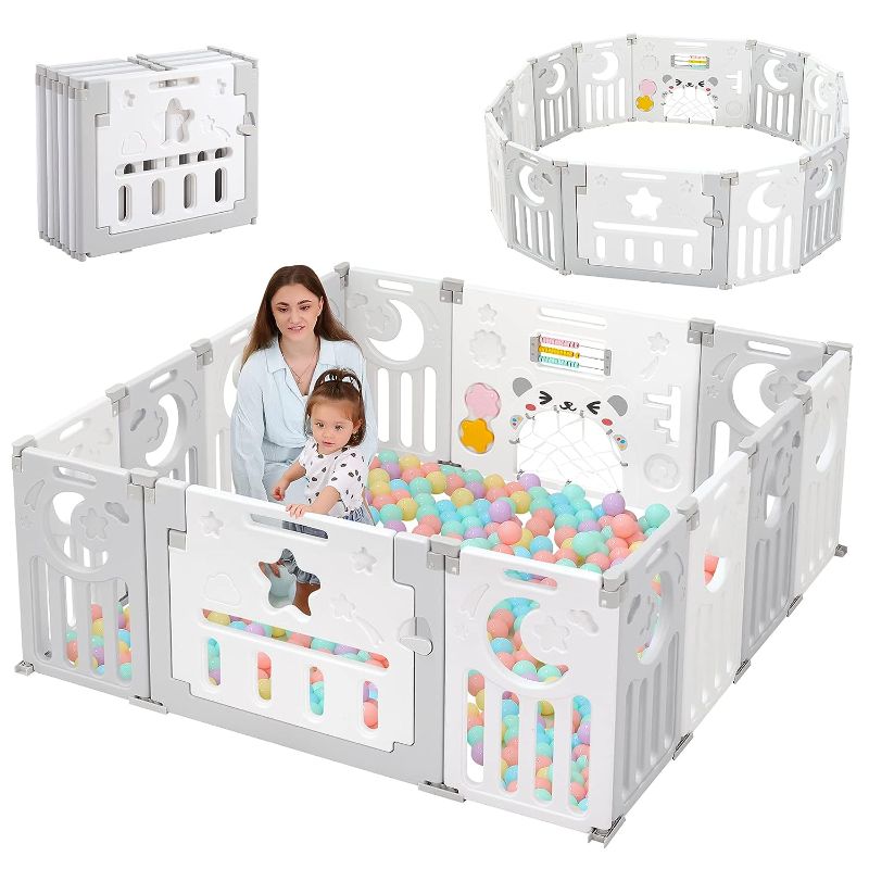 Photo 1 of Coolever Foldable Baby Playpen, Safety Baby Gate Playpen For Babies And Toddlers Sturdy And Immovable Baby Fence Play Area Activity Center Portable Design For Indoor Outdoor (Grey+White+Star 16 Panel) 14+2 Grey+White+Star