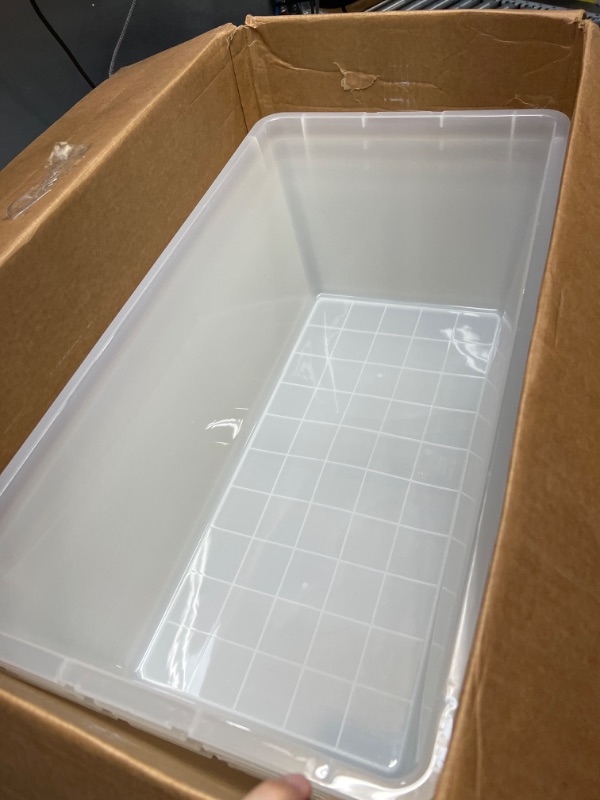 Photo 2 of ***ONE LID/TOTE DAMAGED*** IRIS USA 91 Qt. Plastic Storage Container Bin with Secure Lid and Latching Buckles, 4 pack - Clear, Durable Stackable Nestable Organizing Tote Tub Box Toy General Organization Garage Extra Large Clear 91 Qt. - 4 Pack