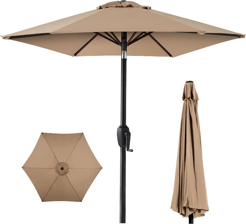 Photo 1 of *DAMAGED STRING* Best Choice Products 7.5ft Heavy-Duty Round Outdoor Market Table Patio Umbrella w/Steel Pole, Push Button Tilt, Easy Crank Lift - Tan
