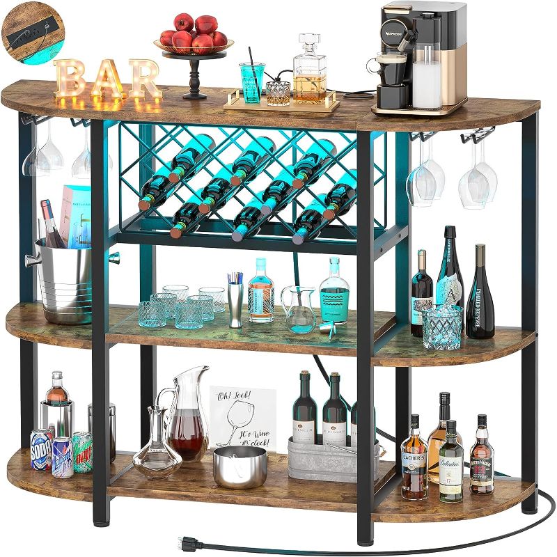 Photo 1 of *MISSING HARDWARE* Unikito Wine Rack Table with Socket and LED Light, Floor Bar Cabinet for Liquor and Glasses, Wood Coffee Bar Cabinet with Adjustable Wine Rack, FreeStanding Sideboard and Buffet Cabinet, Rustic
