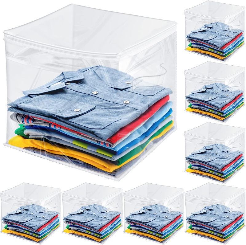 Photo 1 of 15 Pcs Clear Zippered Organizers Foldable Sweater Storage Closet Organizer Collapsible Cube Storage Organizer Plastic Storage Bags Bins Containers with Zipper and Handle for Closet (25 x 21 x 11 Inch)