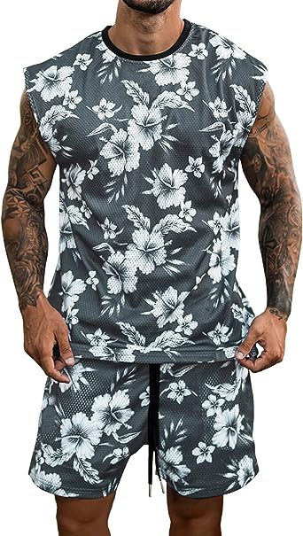 Photo 1 of AstoSeu Men's Mesh Sport T Shirts and Shorts Set Summer Outfits 2 Piece Printed Sleeveless Hawaii Beach Vacation Set- size medium 