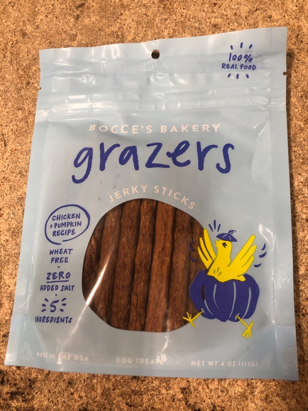 Photo 1 of Bocce's Bakery Grazers Dog Treats, Wheat-Free Jerky Sticks for Dogs, Made with Limited-Ingredients, Baked in The USA with No Added Salt or Sugar, All-Naural & High-Protein, Chicken & Pumpkin, 4 oz Chicken + Pumpkin