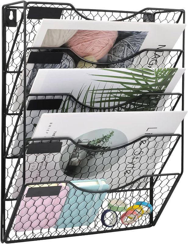 Photo 1 of COSYAWN 5 Tier Wall File Holder Hanging Mail Organizer Metal Chicken Wire Wall Mount Magazine Rack, Black
