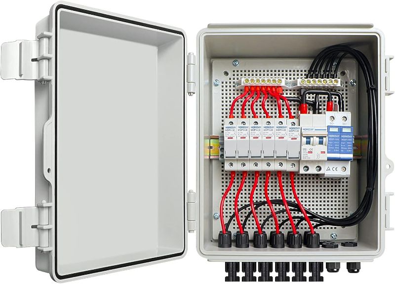 Photo 1 of EXCELFU 6 String Solar Combiner Box, PV Combiner Box with Lightning Arreste & 15A Rated Current Fuse and 63A Circuit Breaker, IP65 Waterproof Combiner Box for On/Off Grid Solar Panel System
