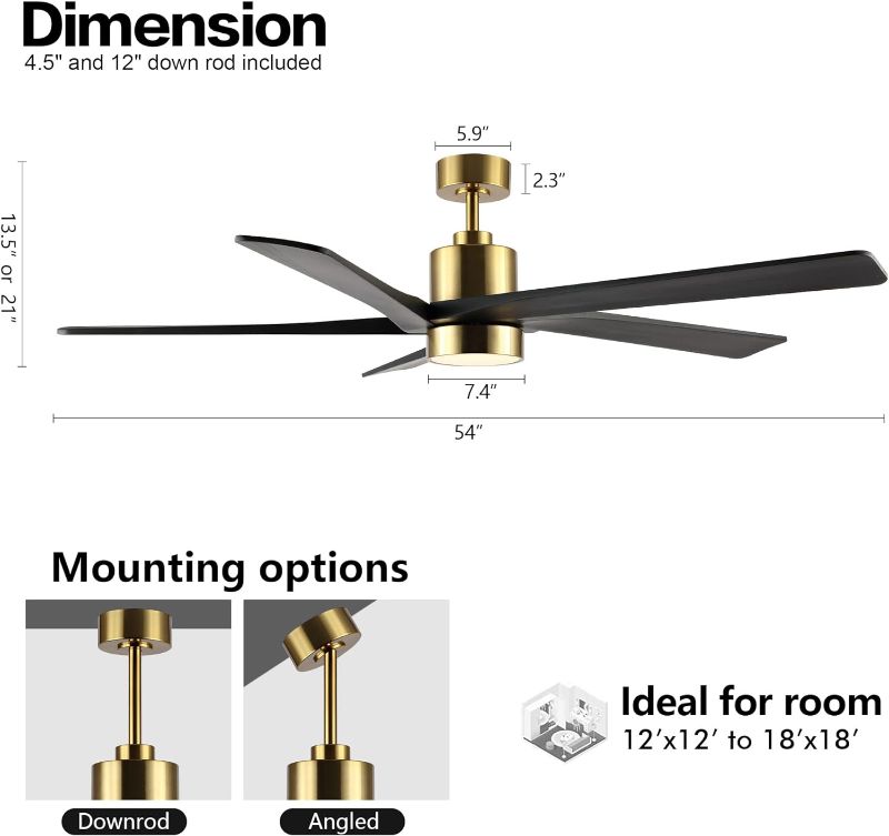 Photo 4 of (READ FULL POST) WINGBO 54 Inch DC Ceiling Fan with Lights and Remote Control, 5 Reversible Carved Wood Blades, 6-Speed Noiseless DC Motor, Modern Ceiling Fan in Brass Finish with Black Blades, ETL Listed 54" DC ceiling fan with light Black