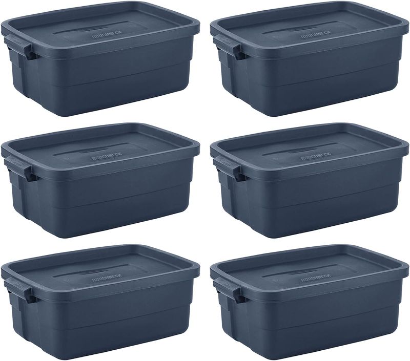 Photo 1 of 
5 Totes Only***Rubbermaid Roughneck 10 Gallon Rugged Storage Tote in Dark Indigo Metallic with Lid and Handles for Home,