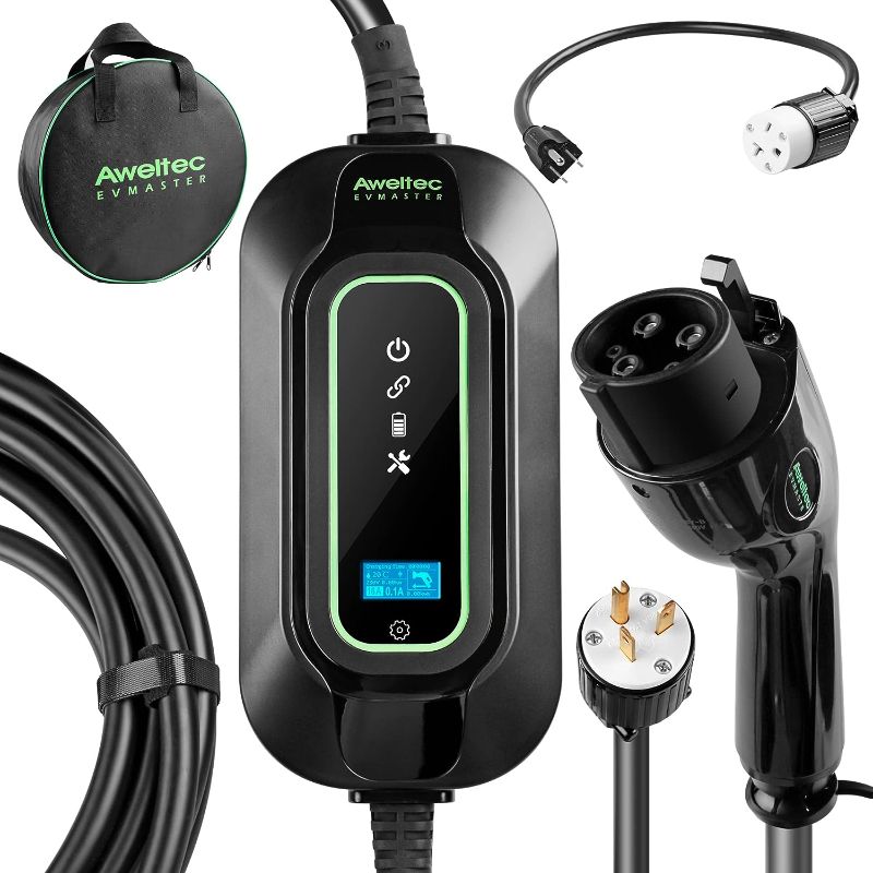 Photo 1 of AWELTEC EVMaster Level 1+2 EV Charger, 16 Amp 110-240V Total 28FT Cable, Portable Electric Car Charger with Digital Screen J1772, NEMA 6-20 Plug with NEMA 5-15 Adapter, with Carry Bag, Black
