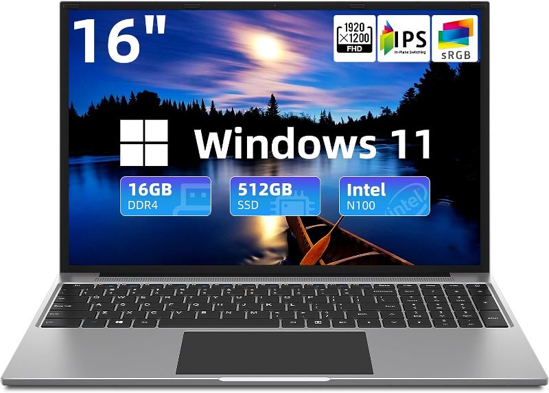 Photo 1 of jumper 16" Laptop, Quad-Core Intel N100 CPU, 16GB DDR4 RAM 512GB SSD, FHD IPS(1920x1200) Screen, Windows 11 Laptops Computer with Four Stereo Speakers, Dual Band-WiFi, BT4.0, 38WH Battery, Gray.
