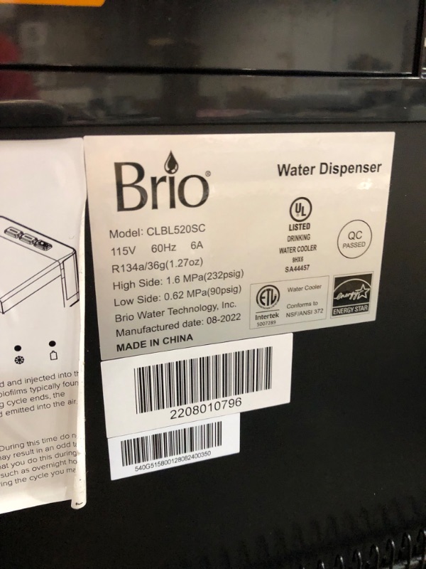 Photo 3 of *FOR PARTS*- Brio CLBL520SC Self-Cleaning Bottom Load Water Cooler Dispenser for 3 & 5 Gallon Bottles – Hot, Room & Cold Spouts, Child-Safety Lock, LED Display & Night Light, Silver Stainless Steel
