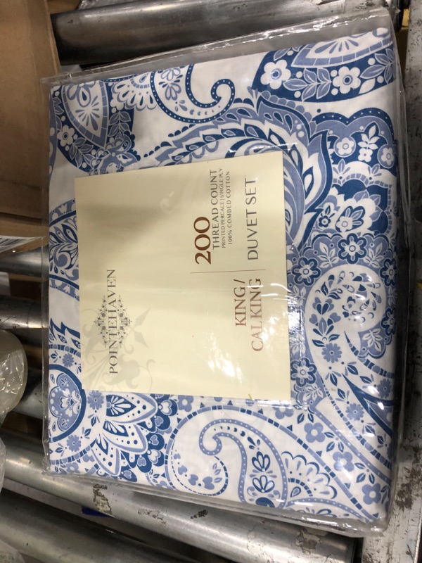 Photo 2 of Pointehaven 3 Piece Bedding Duvet Set with Button Closure 200 Thread Count 100% Combed Cotton Boho Paisley Blue Printed Duvet Set with Tie-Backs All Season King/Cal King Blue King/Cal King