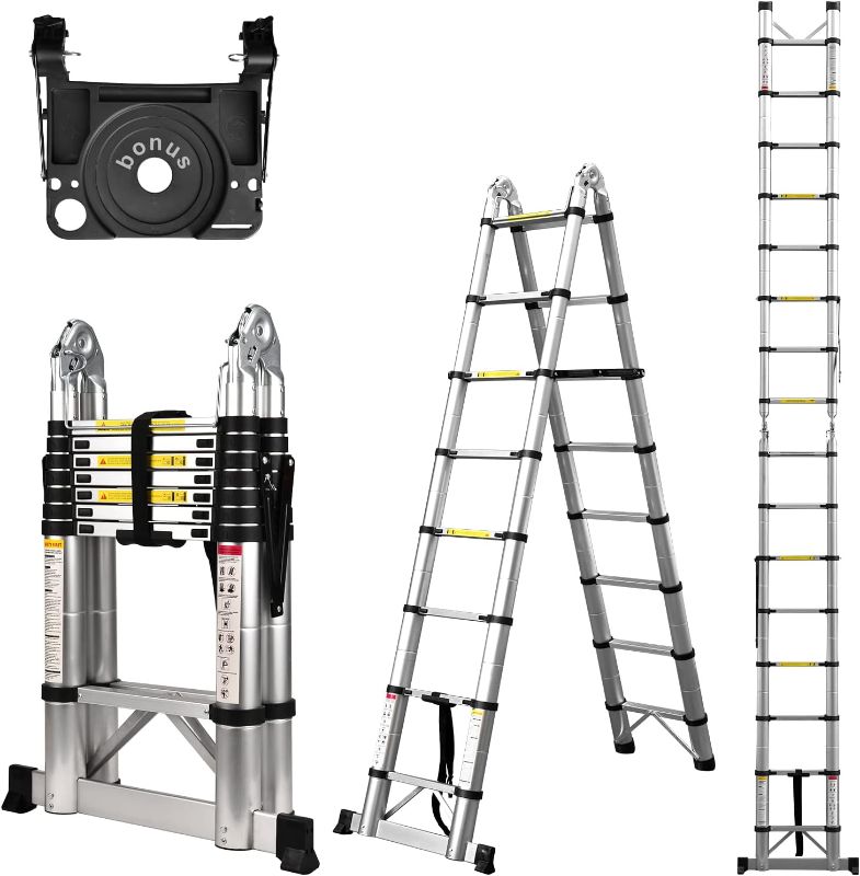 Photo 1 of   Telescoping Ladder A Frame, 16.5 Ft Compact Aluminum Extension Ladder, Portable Telescopic RV Ladder for Outdoor Camper Trips Motorhome with Tool Platform and Stabilizer Bar, 330 lb Capacity
