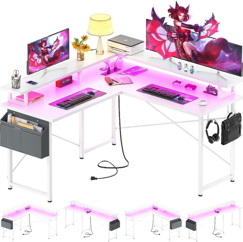 Photo 1 of armocity L Shaped Computer Desk with Power Outlets, Gaming Desk L Shaped with LED Lights, Corner Desk with Storage Shelves, Work Study Desk for Bedroom, Home Office Small Spaces, 47'', White
