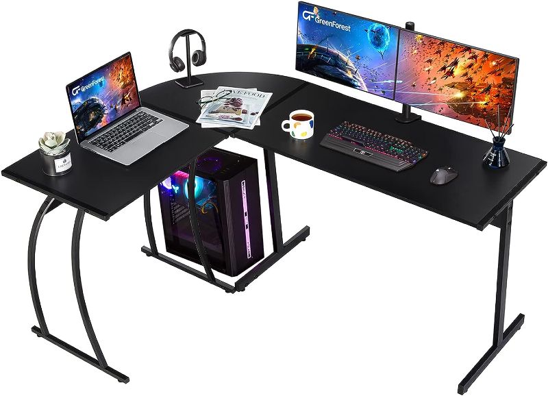 Photo 1 of GreenForest L Shaped Gaming Desk 58.1 inch Home Corner Office Desk Writing Studying Computer Table PC Workstation for Home Office Bedroom, Black
