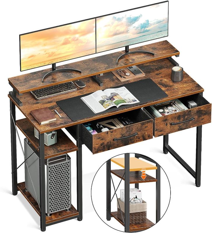 Photo 1 of ODK Computer Desk with Drawers, 40 Inch Office Desk with Storage & Shelves, Work Writing Desk with Monitor Stand Shelf, Black Home Office Desks for Small Spaces
