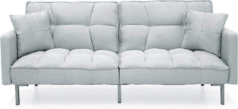 Photo 1 of  BOX 1/2 ONLY -----Best Choice Products Convertible Linen Fabric Tufted Split-Back Plush Futon Sofa Furniture for Living Room, Apartment, Bonus Room, Overnight Guests w/ 2 Pillows, Wood Frame, Metal Legs - Light Gray
