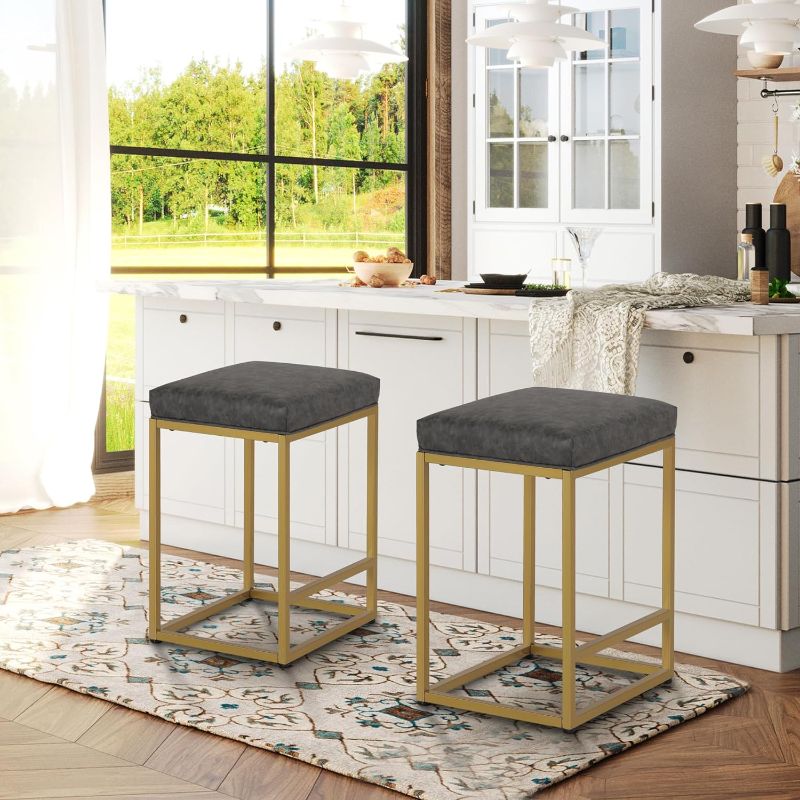 Photo 1 of ALPHA HOME 24 Inch Counter Height Bar Stools Set of 2, Upholstered Bar Stools for Kitchen Island, Counter Stools with Faux Leather Cushion and Sturdy Metal...
