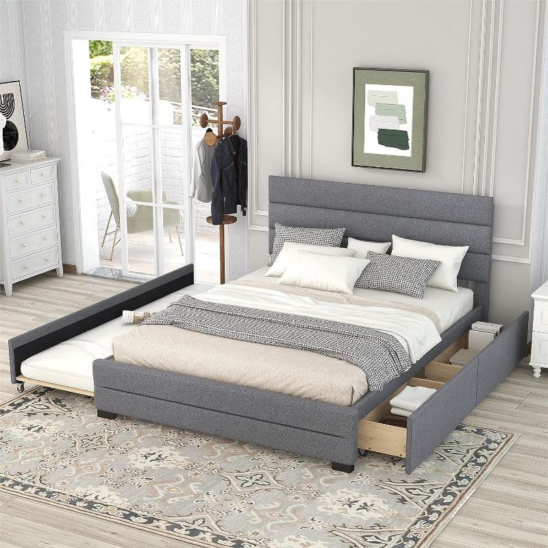 Photo 1 of **MISSING PIECES** Queen Platform Bed with Trundle and 2 Storage Drawers, Linen Upholstered Queen Size Bed Frame with Headboard, (Light Grey)