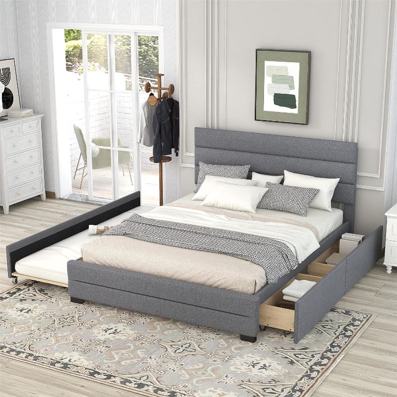 Photo 1 of **MISSING PIECES** Queen Platform Bed with Trundle and 2 Storage Drawers, Linen Upholstered Queen Size Bed Frame with Headboard, Queen Storage Bed with Trundle for Bedroom (Light Beige) Queen Light Beige With Trundle and Drawers