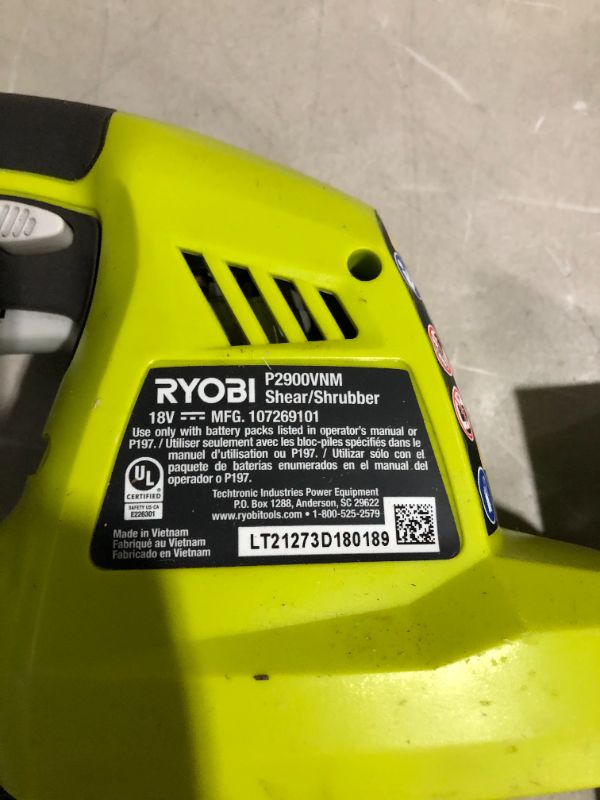 Photo 3 of ***MISSING PARTS - SEE NOTES***
Ryobi P2900B ONE+ 18-Volt Lithium-Ion Cordless Grass Shear and Shrubber - Battery and Charger Not Included