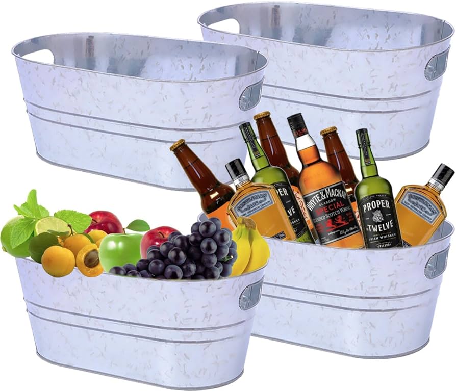 Photo 1 of 4 Pack 4 Gallon Classic Oval Ice Bucket,Galvanized Metal Cooler Beverage Tub for Wine Champagne Cooler and Beer Chiller Storage Bucket withCarry Handles Bin for Parties Farmhouse Rustic Home Bar