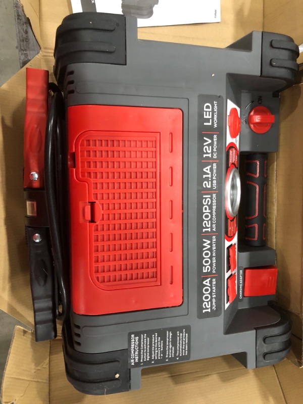 Photo 2 of VECTOR 1200 Peak Amp Jump Starter, PPRH5V, Battery Booster, Dual Power Inverter, 120 PSI Air Compressor, USB Charging Port, Rechargeable