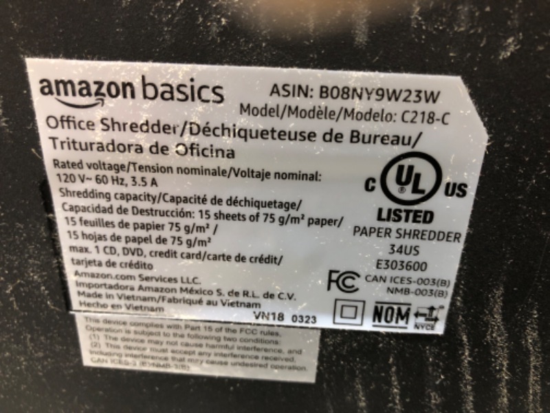 Photo 4 of Amazon Basics 15-Sheet Cross Cut Paper Shredder and Credit Card CD Shredder with 6 Gallon Bin 15 Sheet - new model Shredder