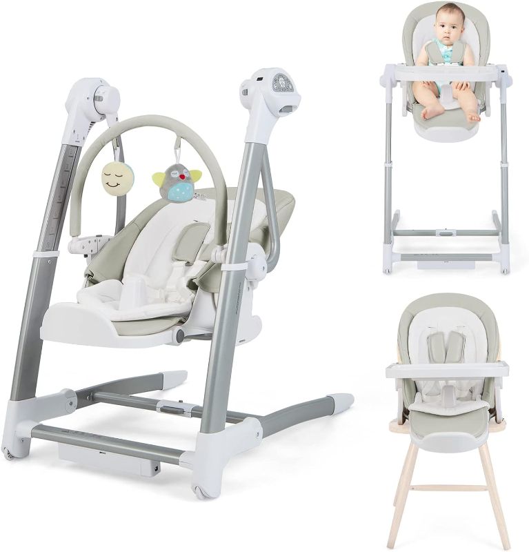 Photo 1 of BABY JOY Baby Swings for Infants, 3 in 1 Foldable High Chair w/ 8 Adjustable Height, 5-Position Backrest, 3 Timer Settings, 12 Melodies and 5 Natural Sounds, Booster Seat for Dining Table (Gray)
